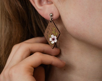 Handmade Polymer Clay Flower Dangle Earrings, Wood Charm