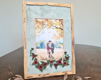 Floral photo frame, wood picture frame, white wedding gift, one-of-a-kind photo frame, cold porcelain flower, palo santo decor, black frame