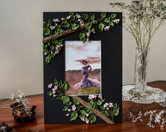 Floral photo frame, wood picture frame, white wedding gift, one-of-a-kind photo frame, cold porcelain flower black photo frame sakura flower