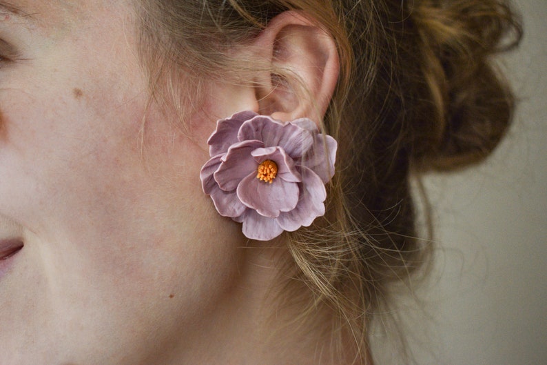 Large flower earrings, floral polymer clay earrings, stud polymer clay flower earrings, pink flower statement earrings, big flower earrings image 2