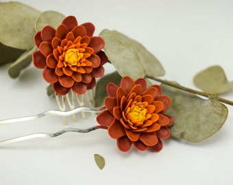 Floral hair comb, dahlia hair comb, yellow flower hair accessories, polymer clay flower jewelry, hair bun accessory, dahlia flower hairpin