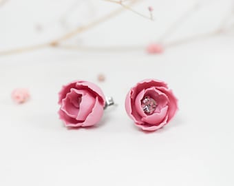 Brincos de peônia rosa | brincos de peônia de argila de polímero | brincos de flor de pino | brincos de flor de pino | brincos de peônia pendente | flor de argila de polímero