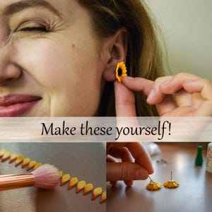 Può includere: Una persona indossa un orecchino a forma di girasole giallo. L'immagine mostra anche un pennello per il trucco e petali gialli. Il testo "Make these yourself!" è visualizzato nell'immagine. L'immagine suggerisce un progetto di artigianato fai-da-te.