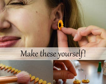 Polymer clay sunflower earrings tutorial, digital download PDF & video, flower earrings DIY instruction, handmade earrings – No Kit Included