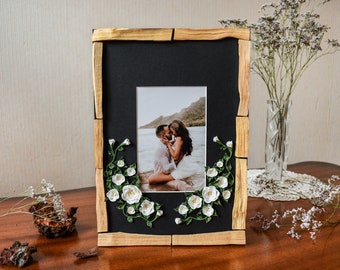 Floral photo frame, wood picture frame, white wedding gift, one-of-a-kind photo frame, cold porcelain flower, palo santo decor, black frame