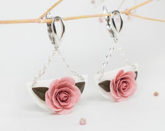 Dangle polymer clay earrings | flower polymer clay earrings | polymer clay rose earrings | dangle rose earring | silver polymer clay earring