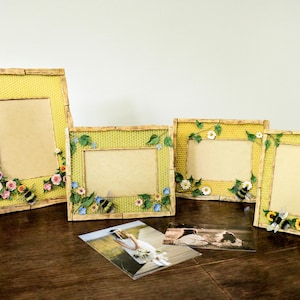 Floral picture frame, custom beekeeper gift, yellow picture frame, wedding photo frame, one-of-a-kind photo frame, honeycomb decoration