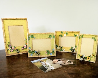 Floral picture frame, custom beekeeper gift, yellow picture frame, wedding photo frame, one-of-a-kind photo frame, honeycomb decoration