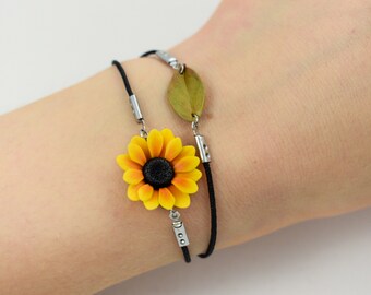 Double sunflower bracelet, floral cord bracelet, polymer clay flower bracelet sunflower friendship bracelet sunflower jewelry charm bracelet