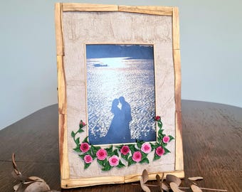 Floral photo frame, wood picture frame, white wedding gift, one-of-a-kind photo frame, cold porcelain rose, palo santo decor, beige frame