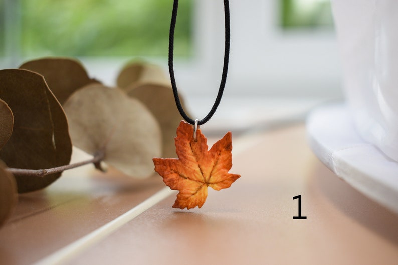 May include: A necklace with a pendant shaped like an orange and brown maple leaf. The necklace is made with a black cord.