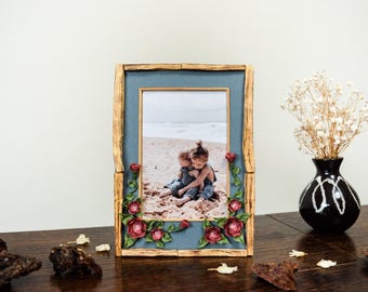 Cadre photo floral, roses froides en porcelaine, bois de Palo Santo, photo 3,5 x 5