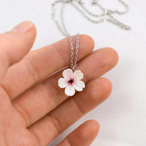 Cherry blossom necklace, sakura necklace pendant, polymer clay flower necklace, white wedding jewelry, japanese necklace, korean necklace