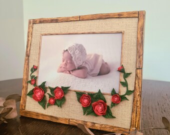 Floral picture frame, 4x6 photo frame, custom photo frame, one-of-a-kind photo stand, cold porcelain rose, family photo, baby photo holder