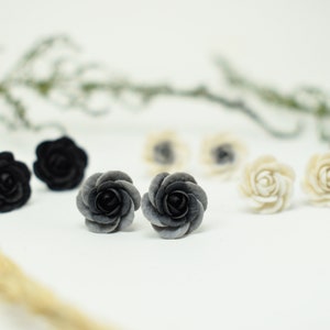 Black rose earrings, white rose earrings, stud rose earrings, stud flower earrings, stud polymer clay earrings, polymer clay rose earrings