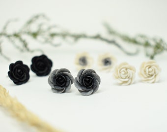 Black rose earrings, white rose earrings, stud rose earrings, stud flower earrings, stud polymer clay earrings, polymer clay rose earrings