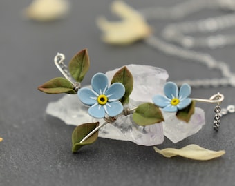 Forget me not necklace, blue flower necklace pendant, polymer clay flower necklace, myosotis flower necklace, branch necklace, blue jewelry