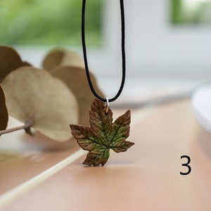 May include: A necklace with a brown and green leaf pendant on a black cord.