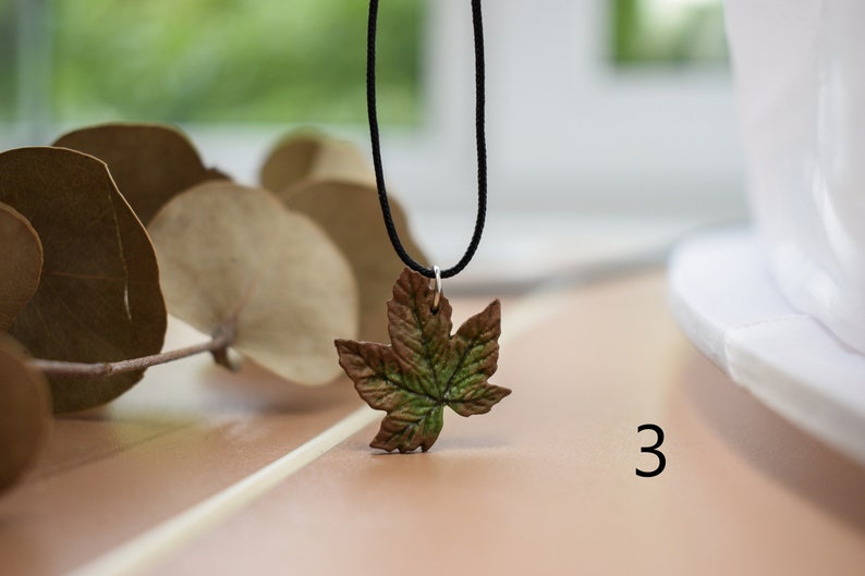 May include: A necklace with a brown and green leaf pendant on a black cord.