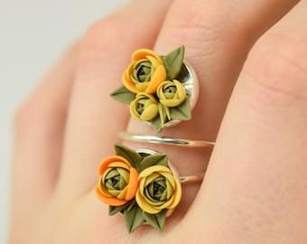Floral double ring, polymer clay ring, polymer clay flower, floral statement ring, nature ring, floral ceramic ring, polymer clay jewelry