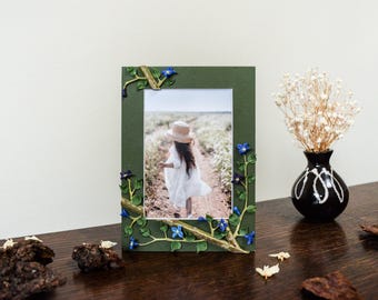 Handmade Floral Picture Frame, Blue Cold Porcelain Flower, 3.5x5 Photo