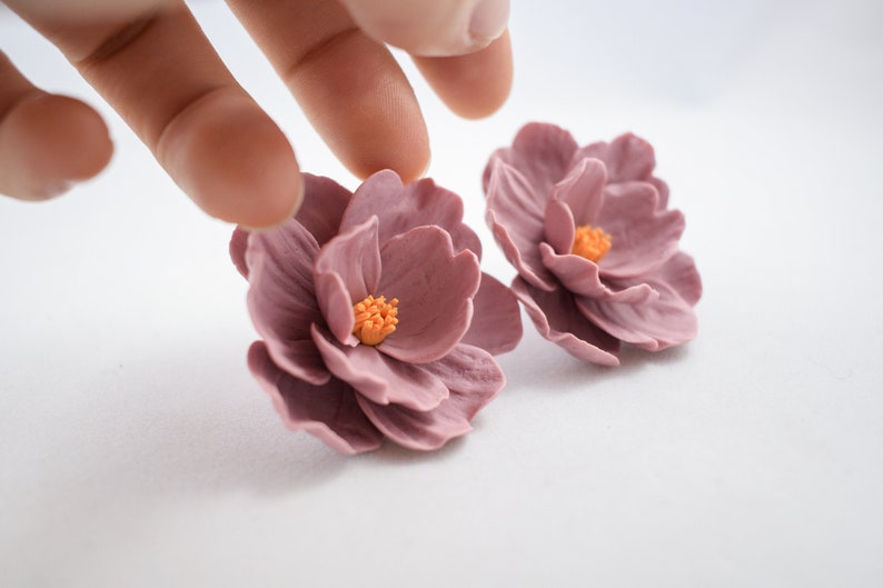 Large flower earrings, floral polymer clay earrings, stud polymer clay flower earrings, pink flower statement earrings, big flower earrings image 7