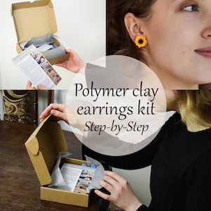 Polymer clay earring kit for begginers, flower earrings craft kit, DIY earring kit, jewelry kit, polymer clay sunflower earring step by step
