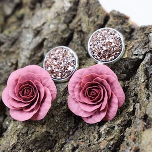 Polymer clay rose earrings | drop flower earrings | drop rose earrings | dangle rose earrings | dangle flower earrings | silver rose earring