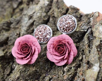 Polymer clay rose earrings | drop flower earrings | drop rose earrings | dangle rose earrings | dangle flower earrings | silver rose earring