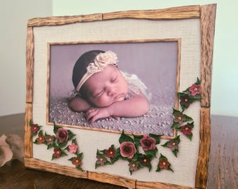 Floral picture frame, 4x6 photo frame, custom photo frame, one-of-a-kind photo stand, cold porcelain rose, family photo, baby photo holder