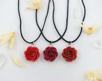 Handmade Red Rose Polymer Clay Necklace, Floral Pendant