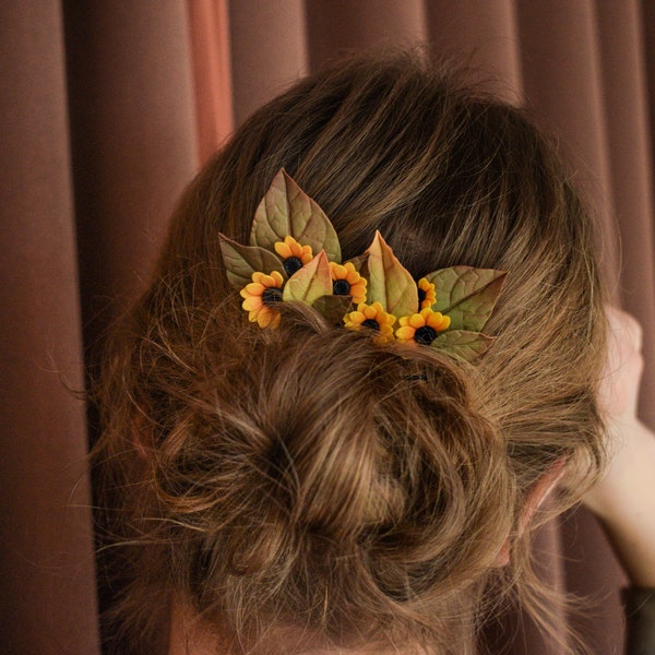Peigne à cheveux floral, postiche de feuille, peigne à cheveux de tournesol, accessoires de cheveux de fleur, bijoux de fleur d'argile de polymère, accessoire floral de cheveux de mariée