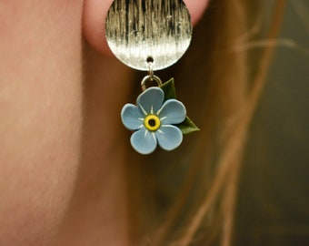 Dangle Forget Me Not Earrings, Polymer Clay Flower Jewelry