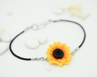 Sunflower bracelet, polymer clay bracelet, flower cord bracelet, sunflower jewelry, summer bracelet, sunflower wedding, sunflower gift