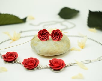Valentine's Day jewelry set, red rose earrings, red rose necklace, polymer clay flower, stud rose earrings, Valentine's Day gift for her