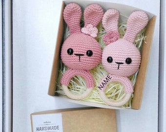 Expecting mum gift Twins baby girl and boy Newborn baby rattle toy Rabbit Bunny rattle toy New mom gift twins