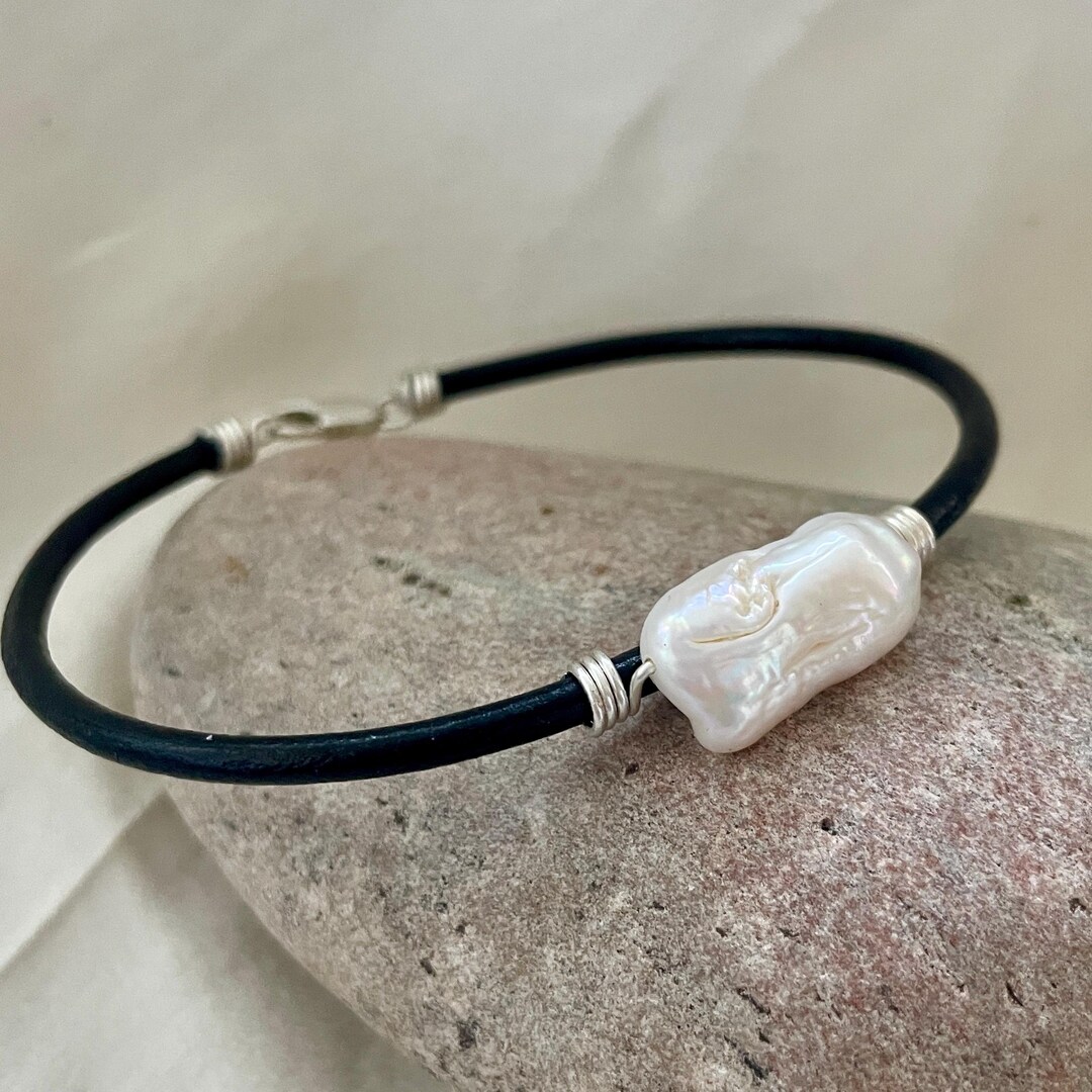 Elegant Black Leather Bracelet with Pearl Accent Black Leather Bracelet: Sterling Silver Clasp, Baroque Pearl  main image 3