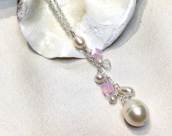 Pink crystal and pearl pendant, pearl tassel necklace,