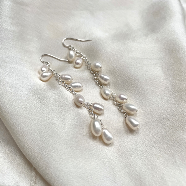 Extra long pearl tassel earrings, large boho pearl earrings, pearl bridal earrings, 30th wedding anniversary gift