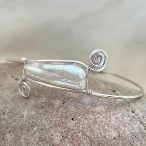 RESERVED FOR W Large cultured pearl bangle, baroque freshwater pearl bangle, Argentium silver bracelet, wedding anniversary gift