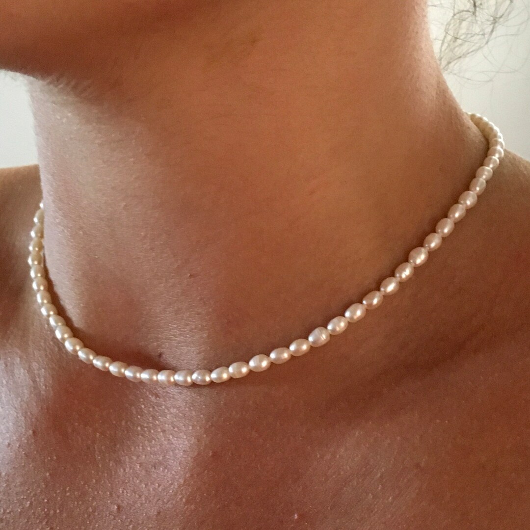 Small Pearl Tbar Necklace 16 Pearl Choker Dainty Etsy