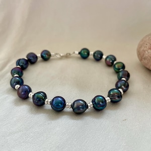 Black pearl and silver bracelet for men, banded black cultured pearls, best man gift, pearl gift for husband, heavyweight men’s bracelet