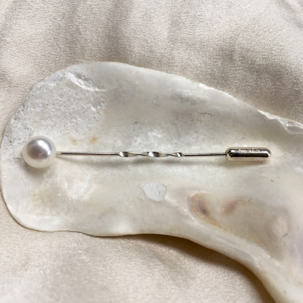 Cultured pearl tie pin, white pearl pin, groomsmans cravat pin,