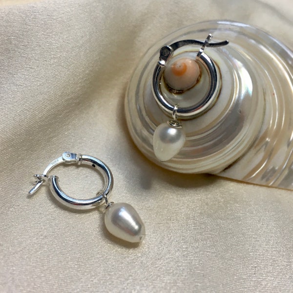 Pearl and silver huggie hoop earrings, small silver hoops with pearl drops