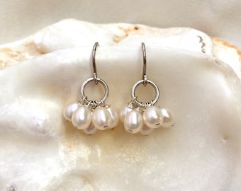 White pearl cluster earrings, dangle cluster of pearls earrings, earrings for bridesmaids, anniversary pearls, DE245