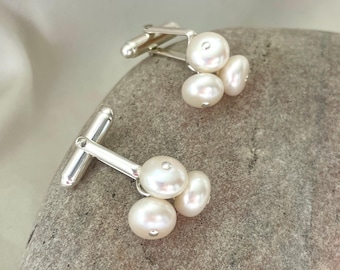 Freshwater Pearl Sterling Silver Cufflinks, Cloverleaf Design