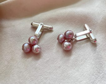 Pink Cultured Pearl Cufflinks: Sterling Silver Bar, Groomsmen Gift, Shirt accessoires