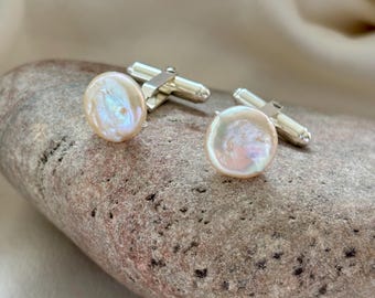 Sterling Silver Pearl Cufflinks: Minimalist Gift for Him