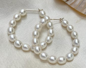 Cultured pearl hoop earrings, creole style pearl hoops, extra large pearl earrings, girlfriend gifts, pearl anniversary gift, 21st birthday