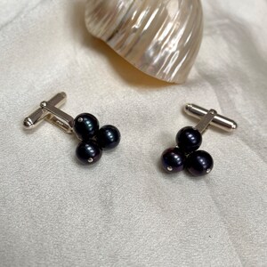 Abotoaduras de pérola negra, abotoaduras de três pérolas, acessórios para camisas masculinas, presentes de aniversário para ele, presente exclusivo para pai, presente de homem para homem